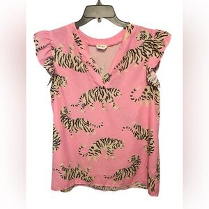BIBI Pink Tiger Print Ruffle
Sleeve Blouse Top Size S